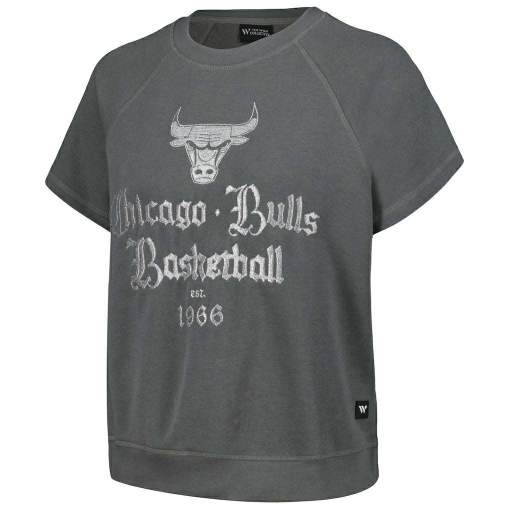 Chicago Bulls The Wild Collective Women's Embroidered Fleece Raglan Short Sleeve Pullover Sweatshirt Gray - NBA