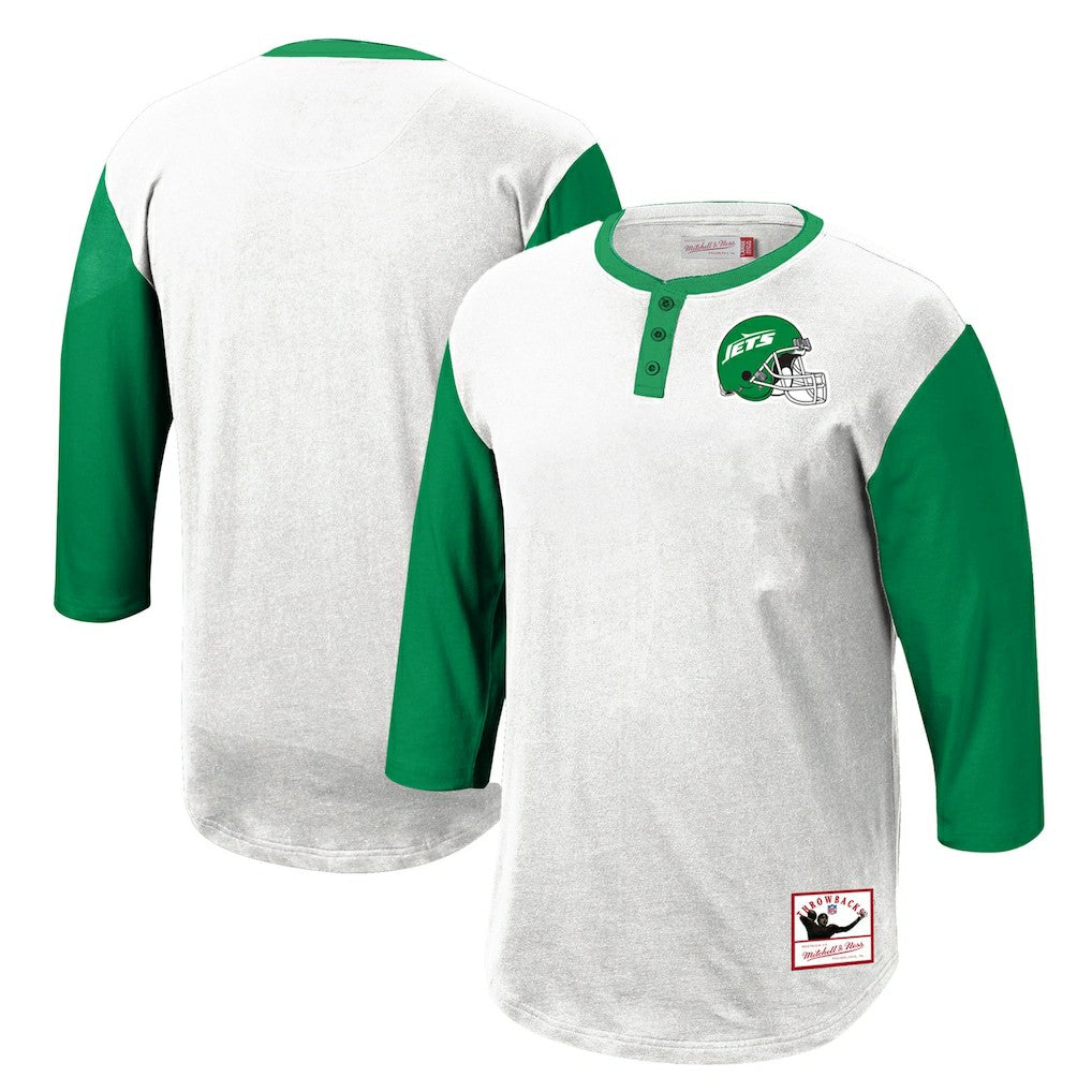 New York Jets Legacy Slub Henley 3/4 Sleeve T-Shirt White | Mitchell & Ness