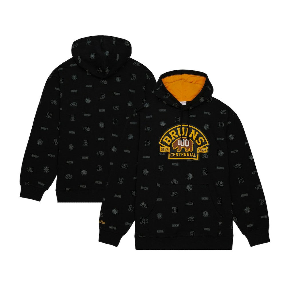 Boston Bruins Mitchell & Ness 100th Anniversary Allover Print Pullover Hoodie - Black - NHL