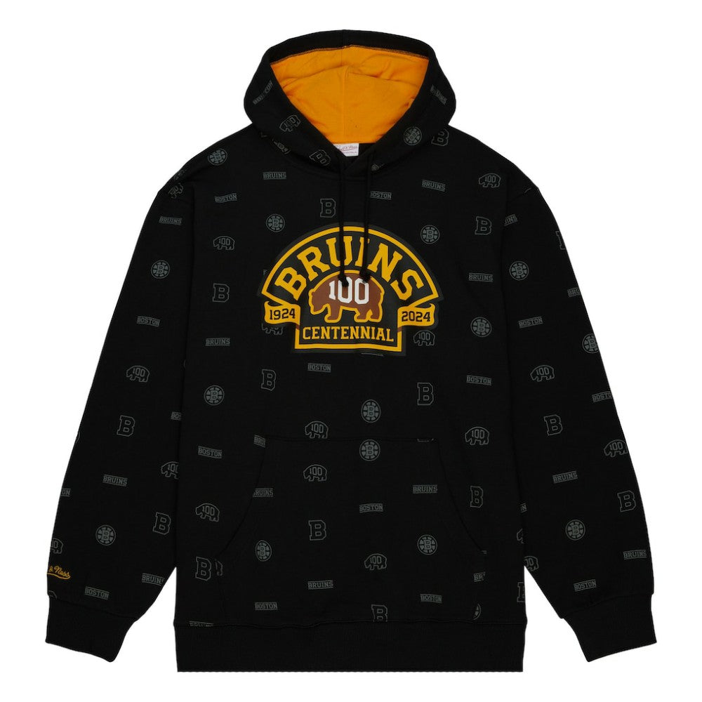 Boston Bruins Mitchell & Ness 100th Anniversary Allover Print Pullover Hoodie - Black - NHL