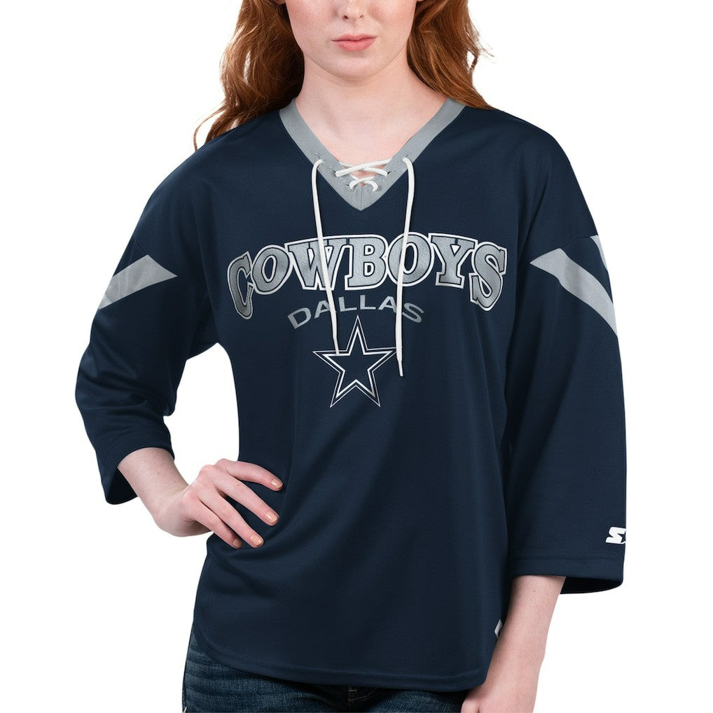 Dallas Cowboys Starter Women's Rally Lace-Up 3/4-Sleeve T-Shirt Navy | NFL