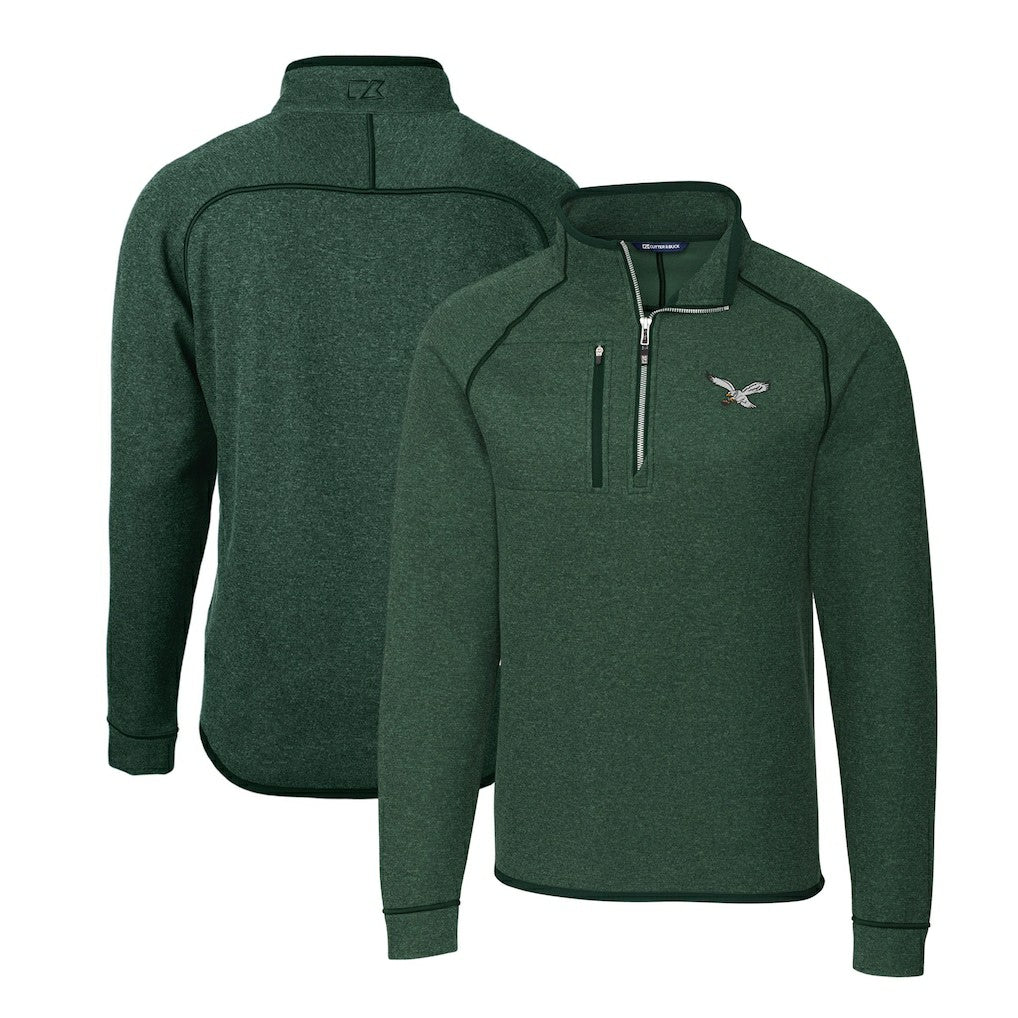Philadelphia Eagles Cutter & Buck Gridiron Classics Big & Tall Mainsail Sweater-Knit Half-Zip Pullover Jacket Heather Green | NFL