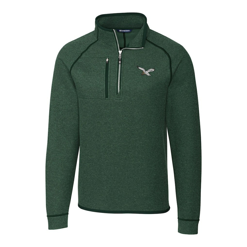 Philadelphia Eagles Cutter & Buck Gridiron Classics Big & Tall Mainsail Sweater-Knit Half-Zip Pullover Jacket Heather Green | NFL