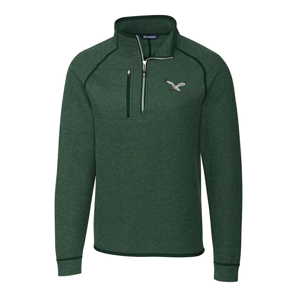 Philadelphia Eagles Cutter & Buck Gridiron Classics Big & Tall Mainsail Sweater-Knit Half-Zip Pullover Jacket Heather Green | NFL