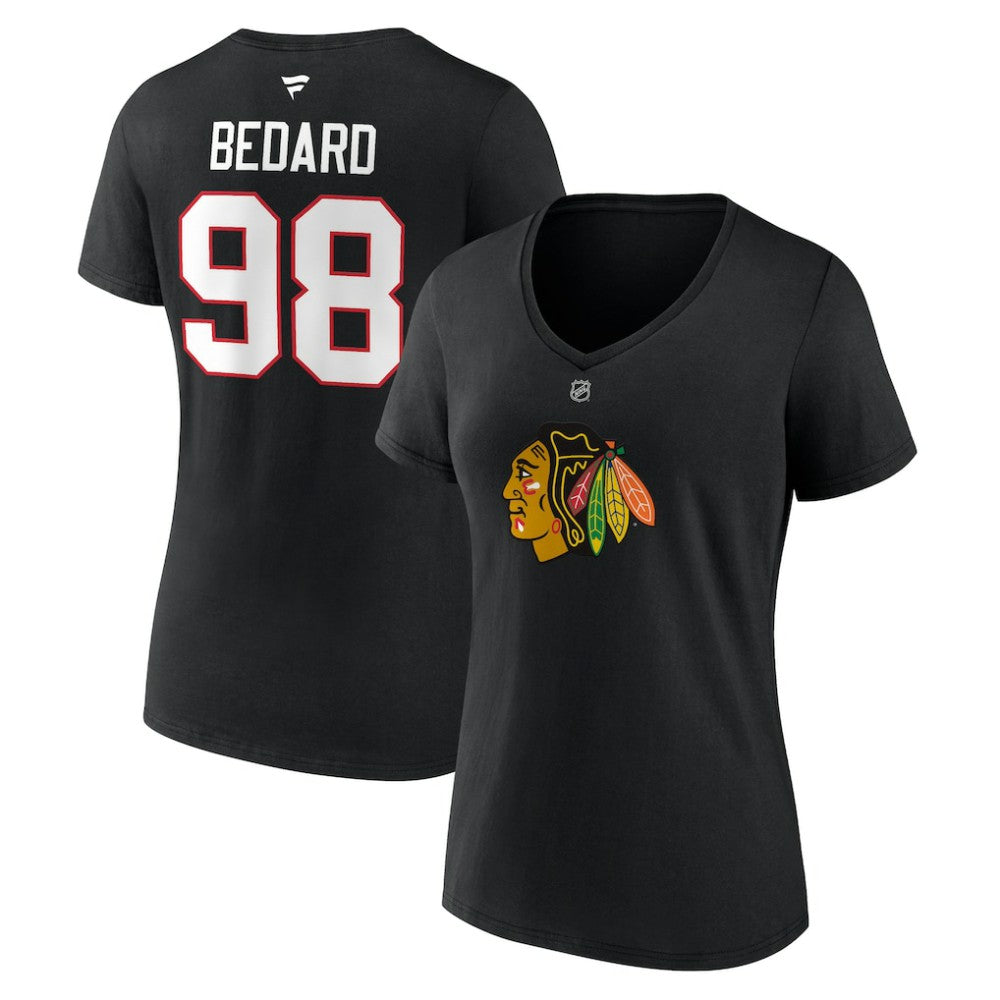Connor Bedard Chicago Blackhawks Fanatics Women's Authentic Stack Name & Number V-Neck T-Shirt - Black - NHL