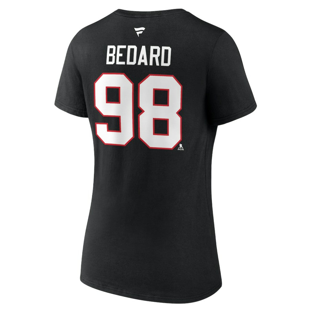 Connor Bedard Chicago Blackhawks Fanatics Women's Authentic Stack Name & Number V-Neck T-Shirt - Black - NHL
