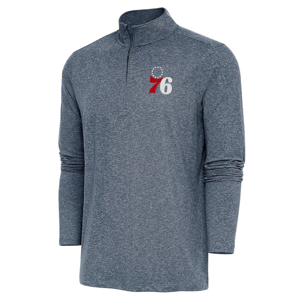 Philadelphia 76ers Antigua Hunk Quarter-Zip Pullover Top Heather Navy - NBA