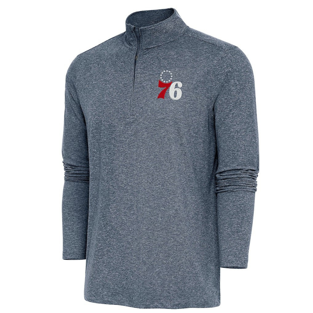 Philadelphia 76ers Antigua Hunk Quarter-Zip Pullover Top Heather Navy - NBA