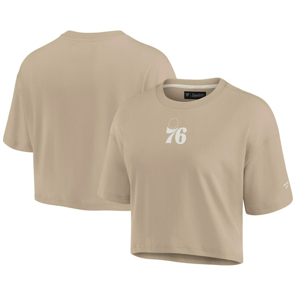 Philadelphia 76ers Women's Elements Super Soft Boxy Cropped T-Shirt Khaki - NBA