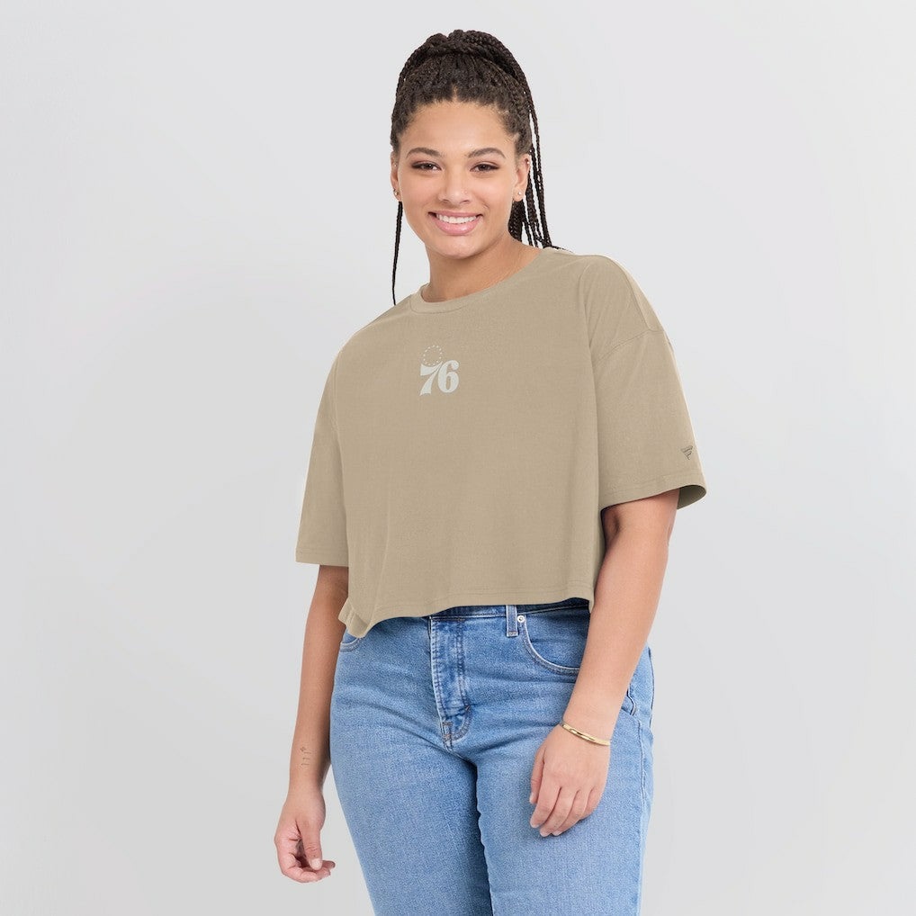 Philadelphia 76ers Women's Elements Super Soft Boxy Cropped T-Shirt Khaki - NBA