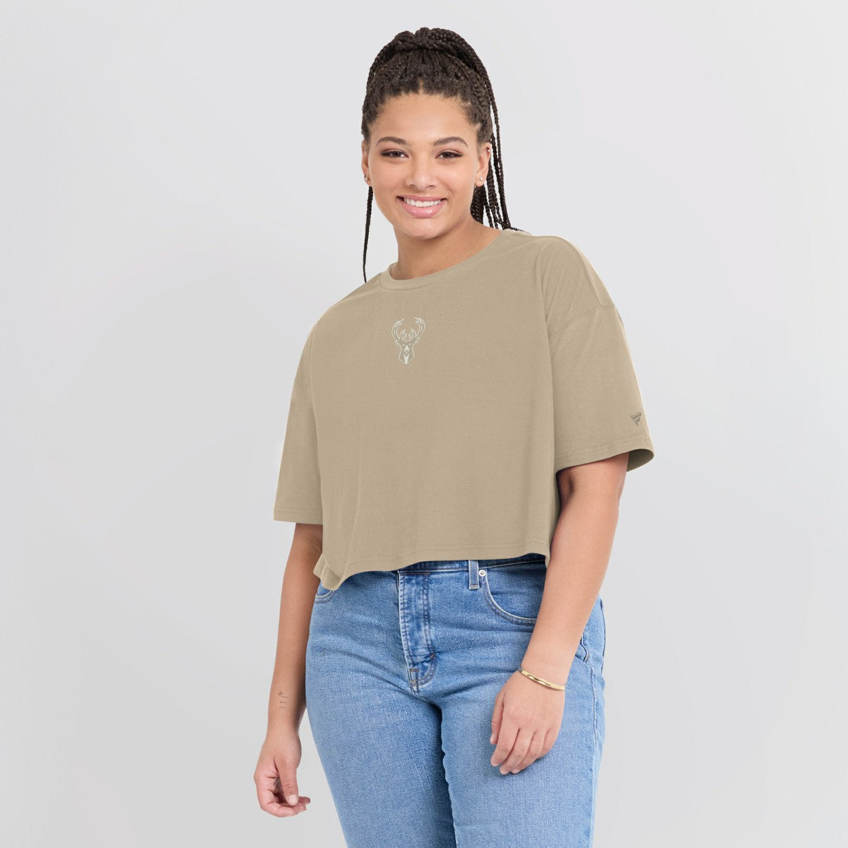Milwaukee Bucks Women's Elements Super Soft Boxy Cropped T-Shirt Khaki - NBA