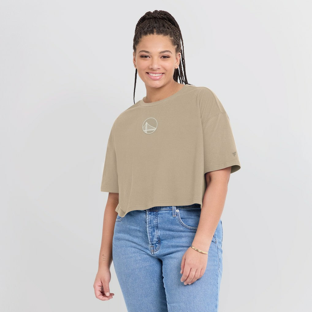 Golden State Warriors Women's Elements Super Soft Boxy Cropped T-Shirt Khaki - NBA