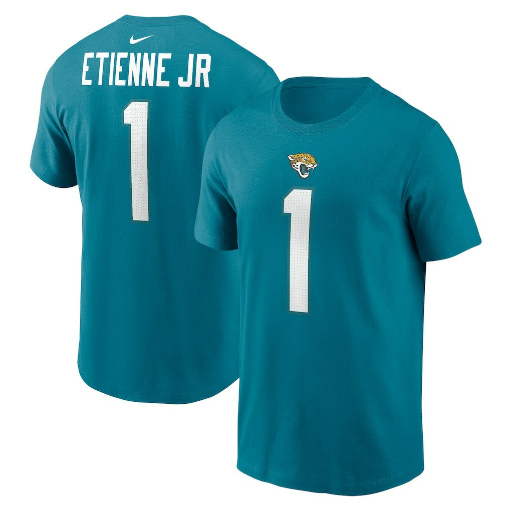 Travis Etienne Jacksonville Jaguars Player Name & Number T-Shirt Teal | Nike for Sale