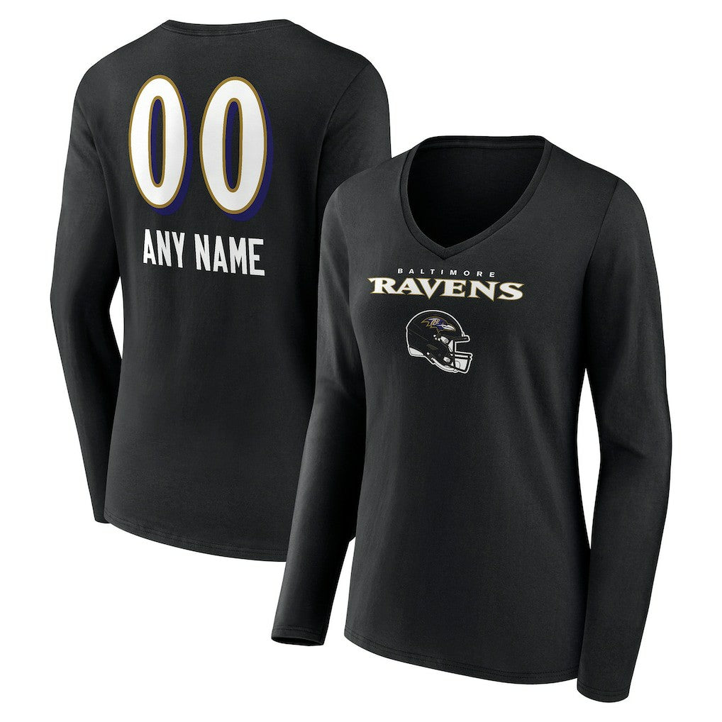 Baltimore Ravens Women's Personalized Name & Number Team Wordmark Long Sleeve V-Neck T-Shirt Black | NFL