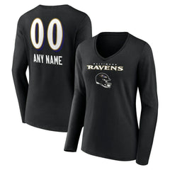 Baltimore Ravens Women's Personalized Name & Number Team Wordmark Long Sleeve V-Neck T-Shirt Black | NFL