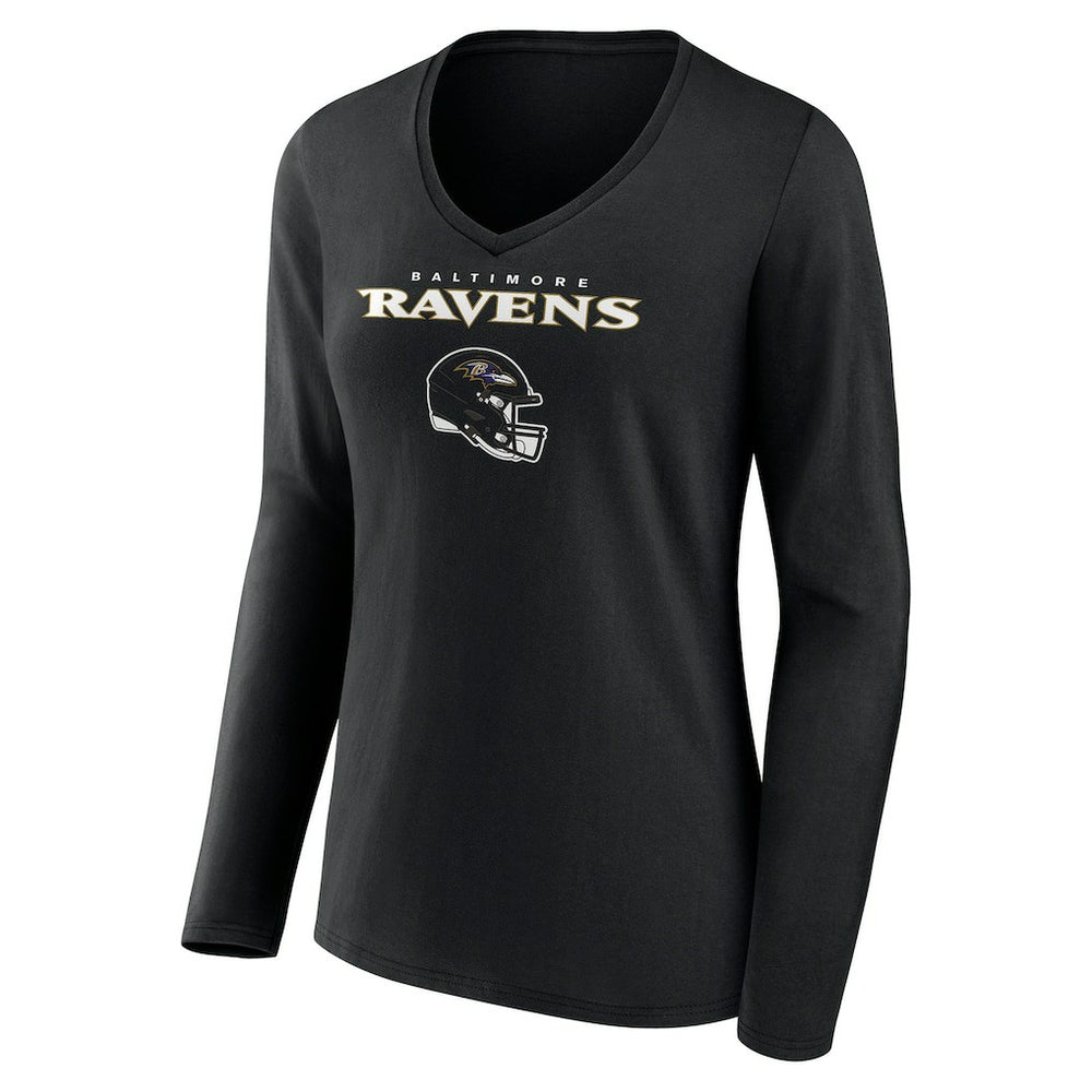 Baltimore Ravens Women's Personalized Name & Number Team Wordmark Long Sleeve V-Neck T-Shirt Black | NFL