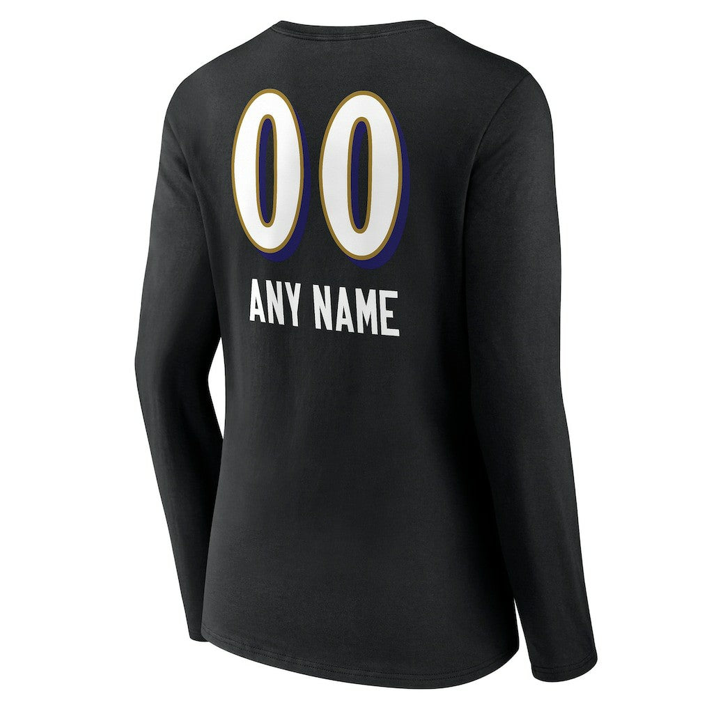 Baltimore Ravens Women's Personalized Name & Number Team Wordmark Long Sleeve V-Neck T-Shirt Black | NFL