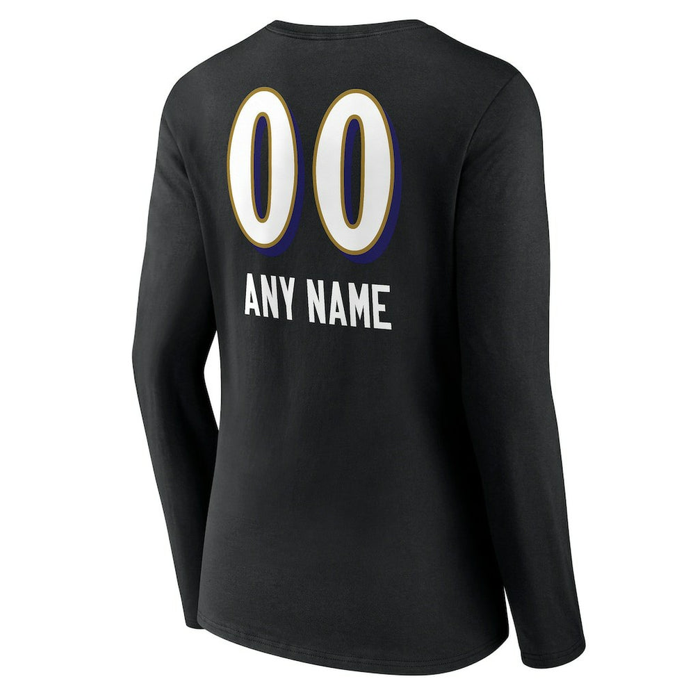 Baltimore Ravens Women's Personalized Name & Number Team Wordmark Long Sleeve V-Neck T-Shirt Black | NFL