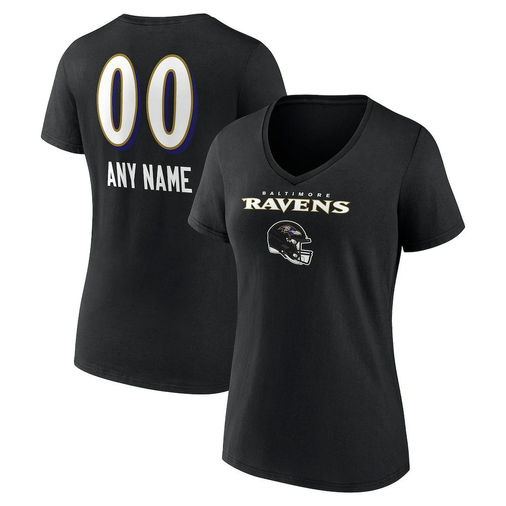 Baltimore Ravens Women's Personalized Name & Number Team Wordmark V-Neck T-Shirt Black | NFL