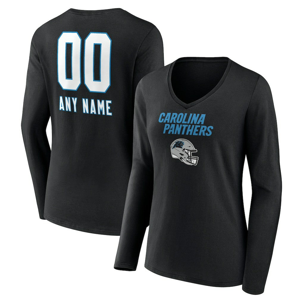 Carolina Panthers Women's Personalized Name & Number Team Wordmark Long Sleeve V-Neck T-Shirt Black | NFL