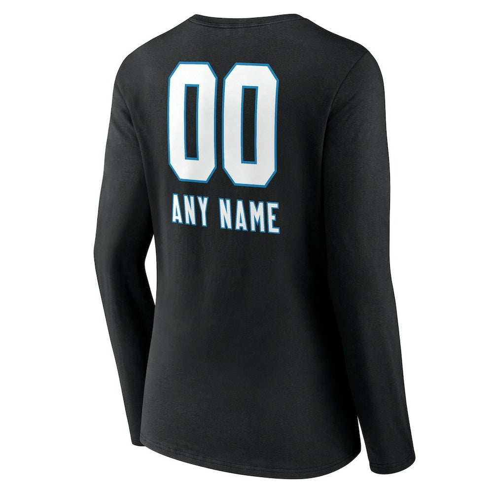 Carolina Panthers Women's Personalized Name & Number Team Wordmark Long Sleeve V-Neck T-Shirt Black | NFL