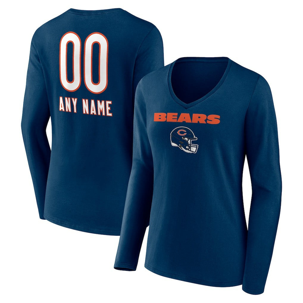 Chicago Bears Women's Personalized Name & Number Team Wordmark Long Sleeve V-Neck T-Shirt Navy | NFL