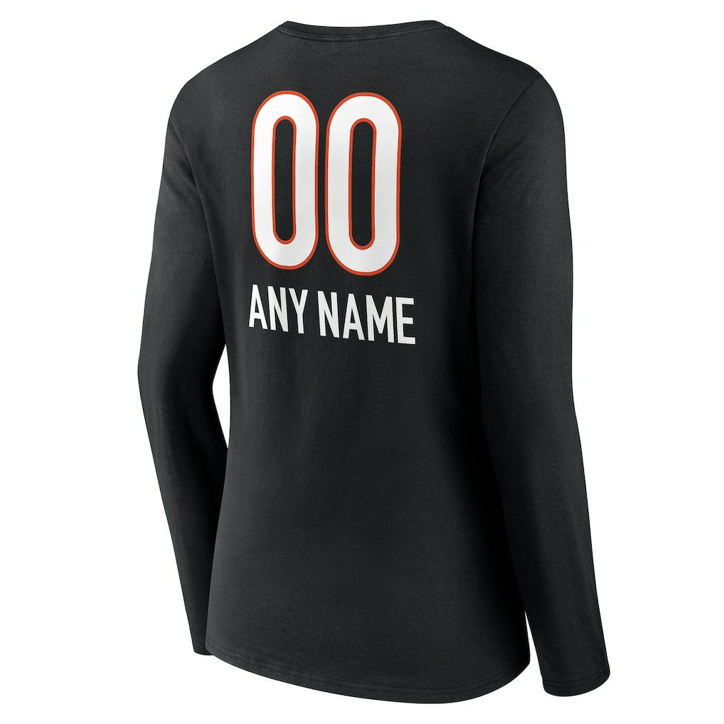 Cincinnati Bengals Women's Personalized Name & Number Team Wordmark Long Sleeve V-Neck T-Shirt Black | NFL