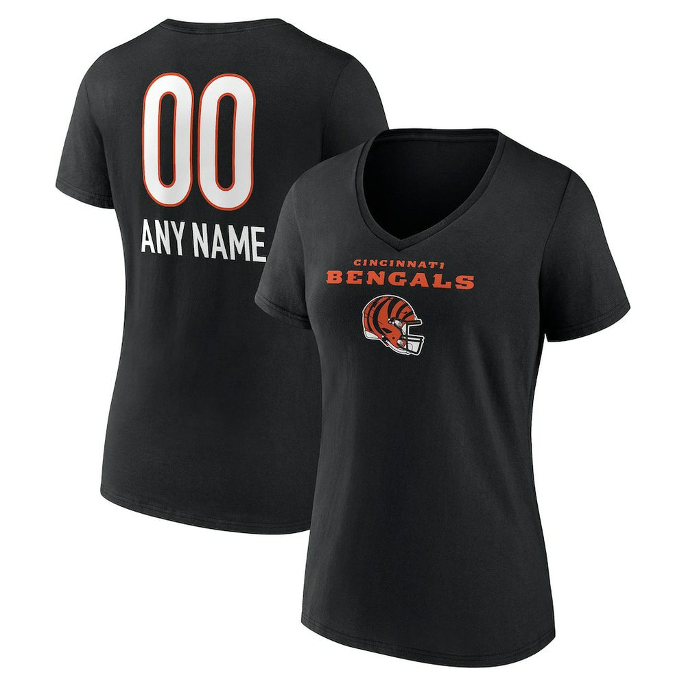 Cincinnati Bengals Women's Personalized Name & Number Team Wordmark V-Neck T-Shirt Black | NFL