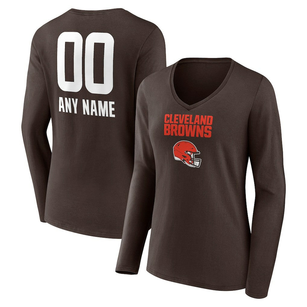 Cleveland Browns Women's Personalized Name & Number Team Wordmark Long Sleeve V-Neck T-Shirt Brown | NFL