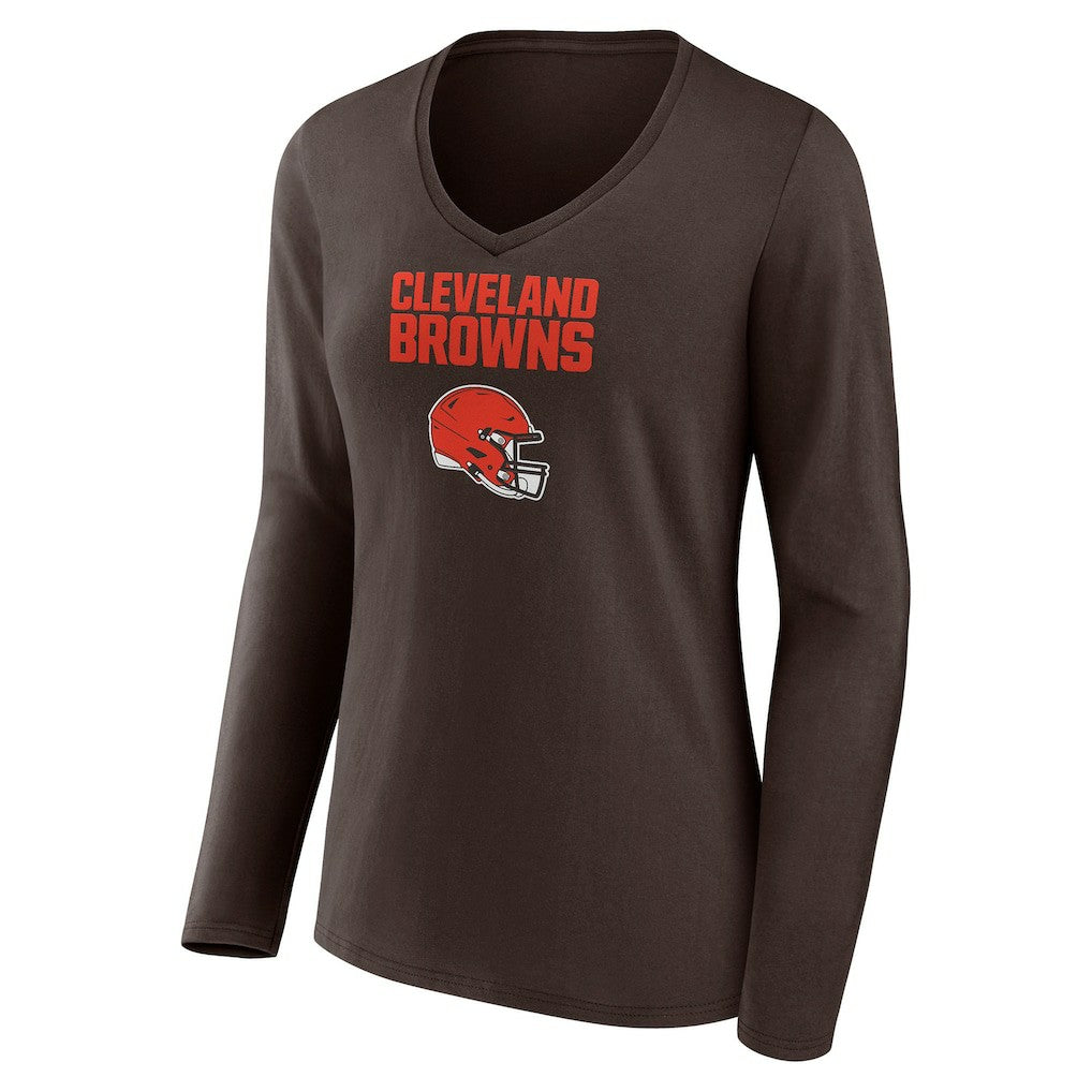 Cleveland Browns Women's Personalized Name & Number Team Wordmark Long Sleeve V-Neck T-Shirt Brown | NFL