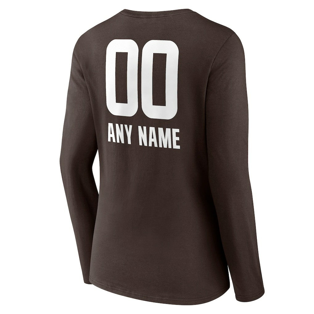 Cleveland Browns Women's Personalized Name & Number Team Wordmark Long Sleeve V-Neck T-Shirt Brown | NFL