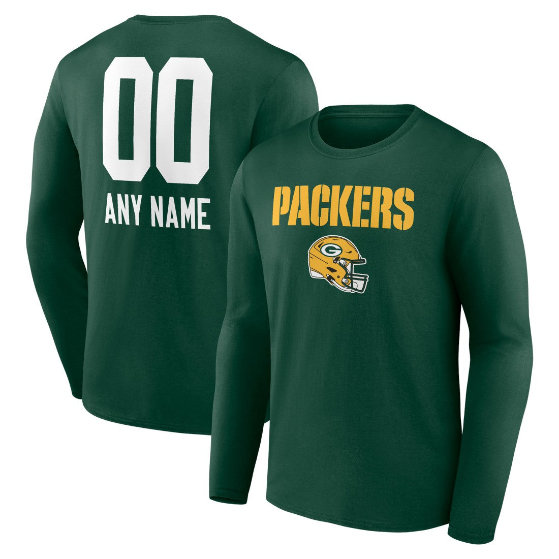 Green Bay Packers Personalized Name & Number Team Wordmark Long Sleeve T-Shirt Green | NFL