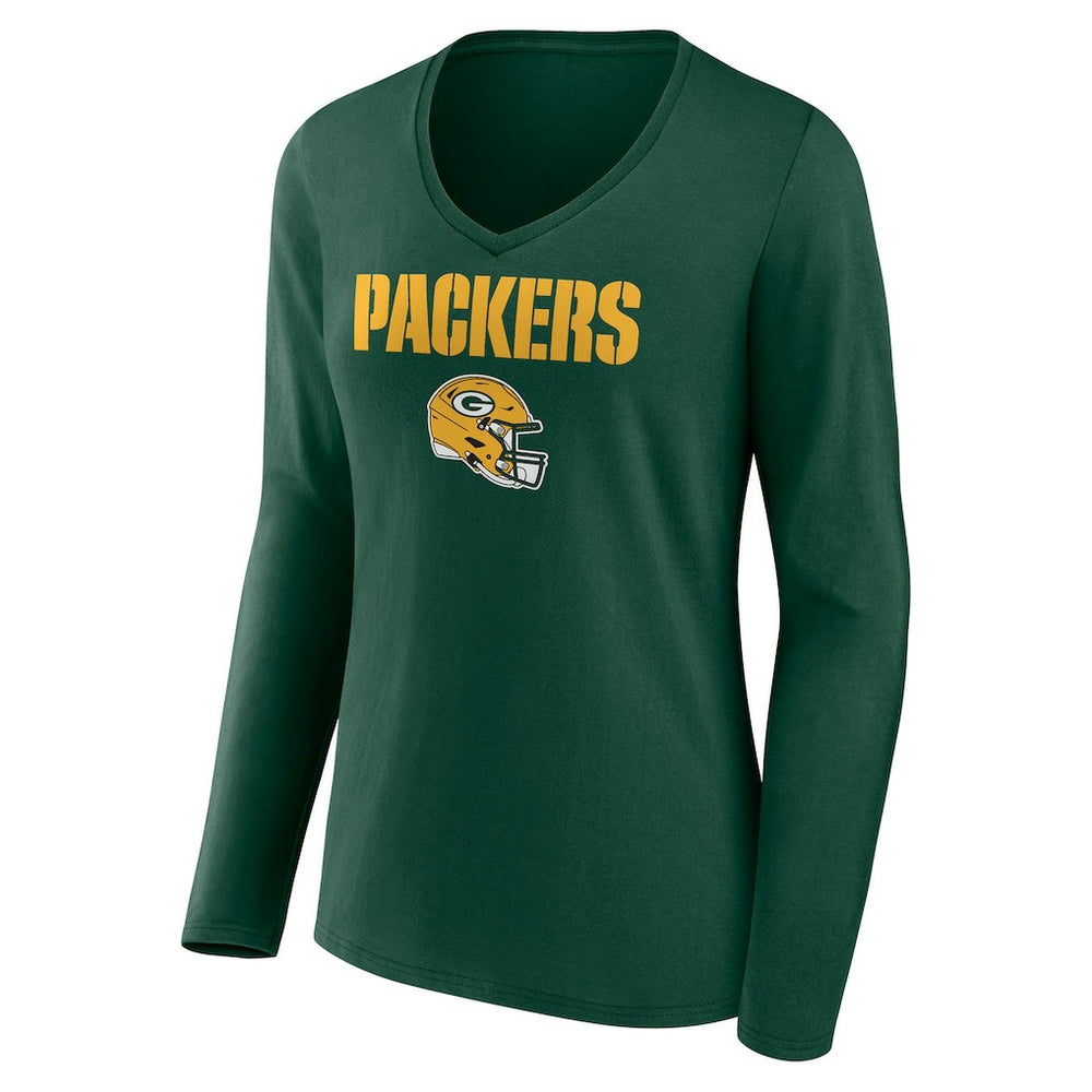 Green Bay Packers Women's Personalized Name & Number Team Wordmark Long Sleeve V-Neck T-Shirt Green | NFL