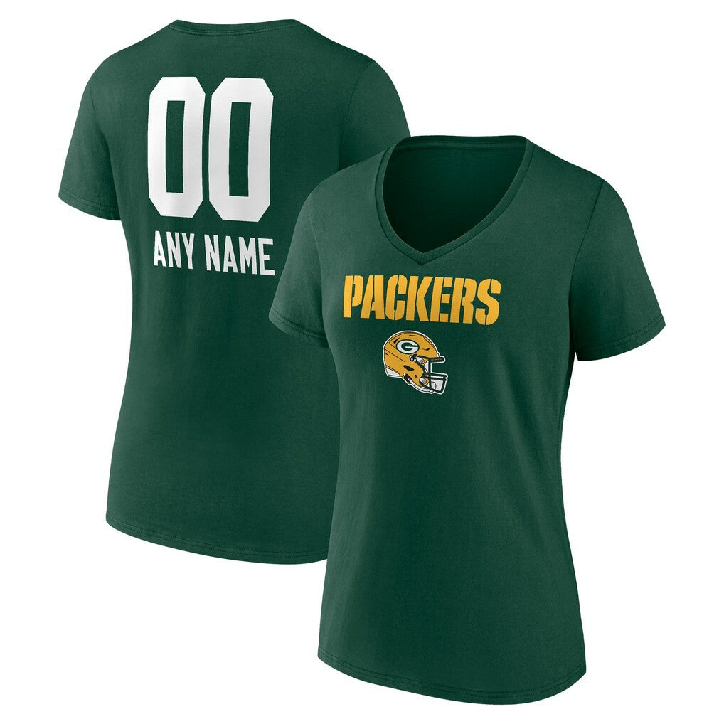 Green Bay Packers Women's Personalized Name & Number Team Wordmark V-Neck T-Shirt Green | NFL