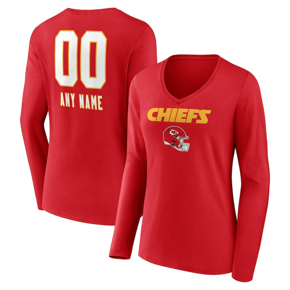 Kansas City Chiefs Women's Personalized Name & Number Team Wordmark Long Sleeve V-Neck T-Shirt Red | NFL