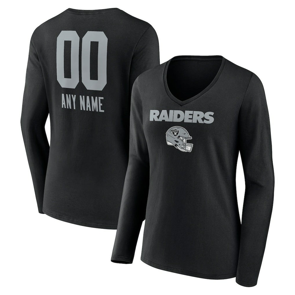 Las Vegas Raiders Women's Personalized Name & Number Team Wordmark Long Sleeve V-Neck T-Shirt Black | NFL