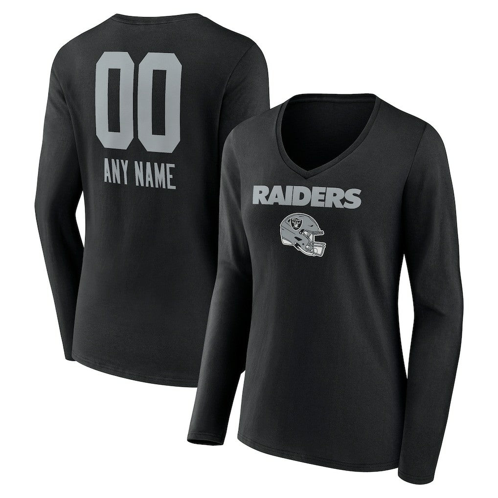 Las Vegas Raiders Women's Personalized Name & Number Team Wordmark Long Sleeve V-Neck T-Shirt Black | NFL