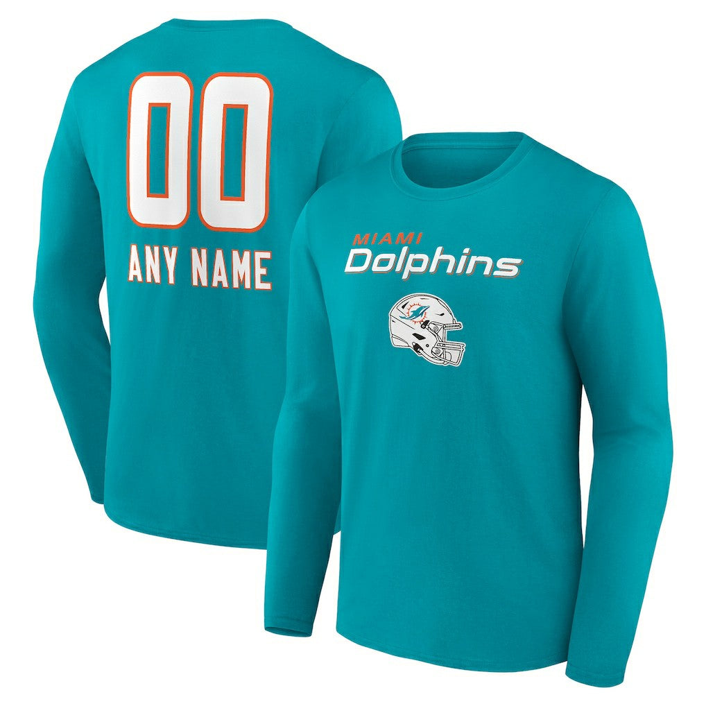 Miami Dolphins Personalized Name & Number Team Wordmark Long Sleeve T-Shirt Aqua | NFL