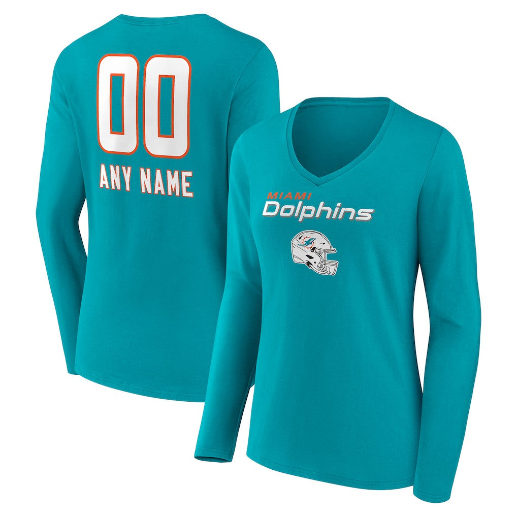Miami Dolphins Women's Personalized Name & Number Team Wordmark Long Sleeve V-Neck T-Shirt Aqua | NFL