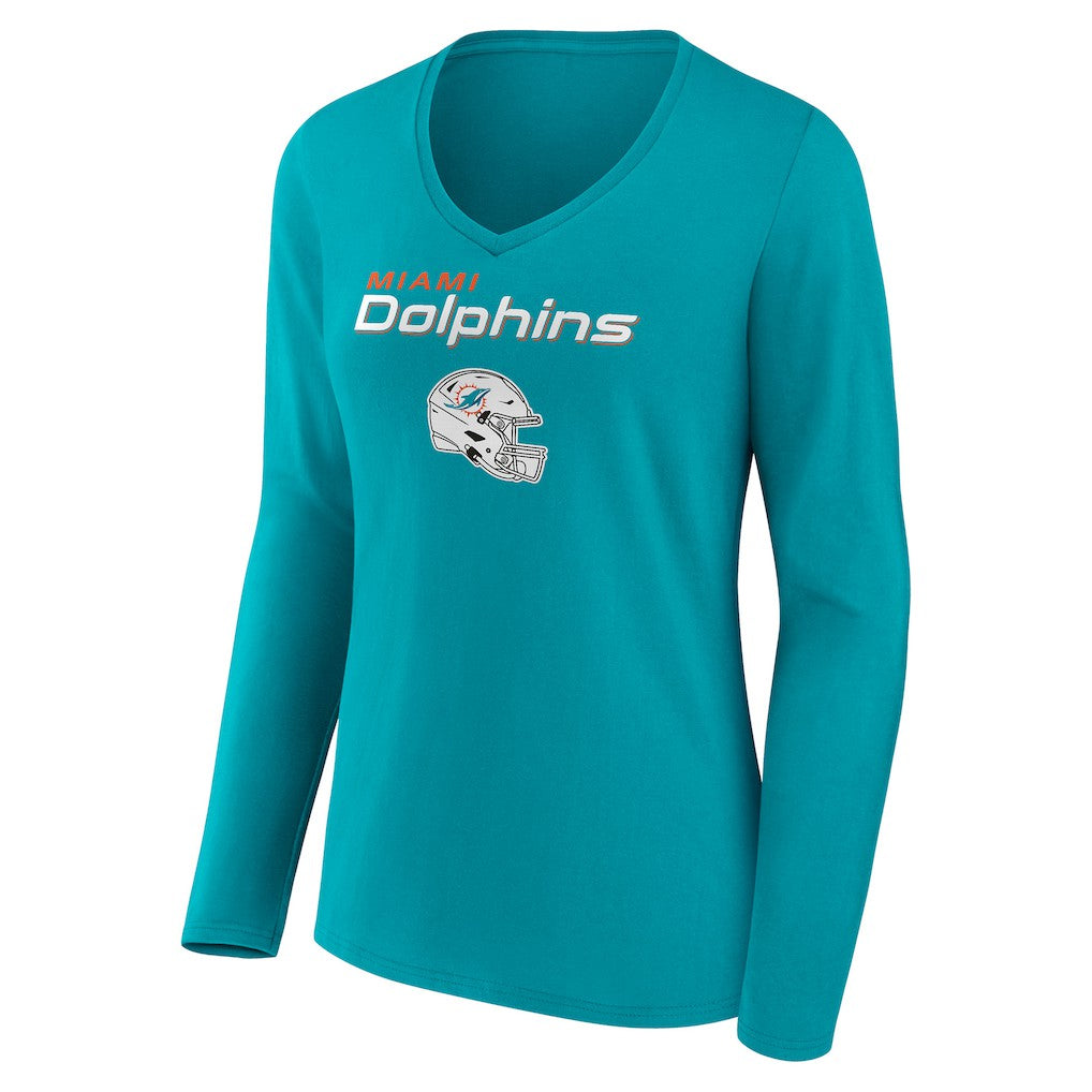 Miami Dolphins Women's Personalized Name & Number Team Wordmark Long Sleeve V-Neck T-Shirt Aqua | NFL