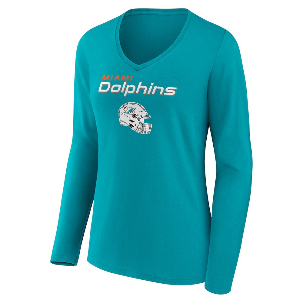 Miami Dolphins Women's Personalized Name & Number Team Wordmark Long Sleeve V-Neck T-Shirt Aqua | NFL