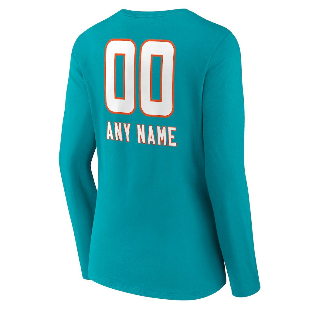 Miami Dolphins Women's Personalized Name & Number Team Wordmark Long Sleeve V-Neck T-Shirt Aqua | NFL