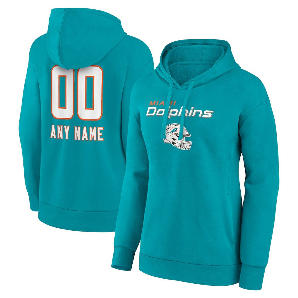 Miami Dolphins Women's Personalized Name & Number Team Wordmark Pullover Hoodie Aqua | NFL