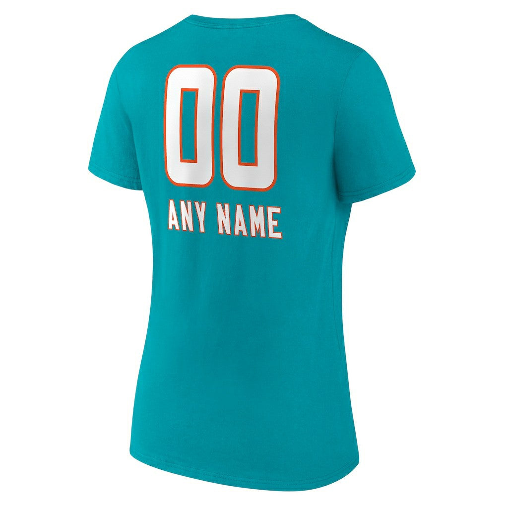 Miami Dolphins Women's Personalized Name & Number Team Wordmark V-Neck T-Shirt Aqua | NFL