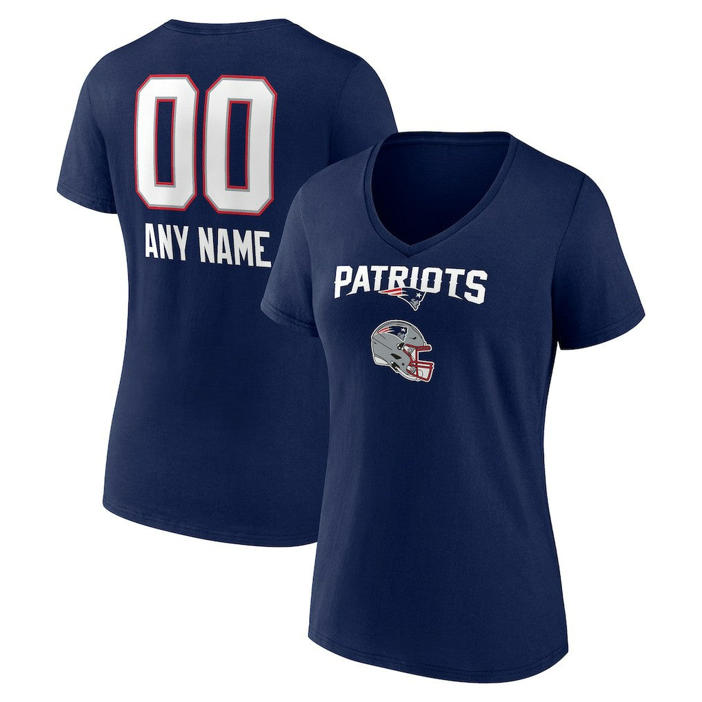 New England Patriots Women's Personalized Name & Number Team Wordmark V-Neck T-Shirt Navy | NFL
