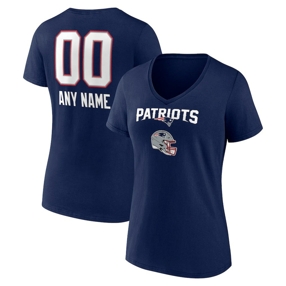 New England Patriots Women's Personalized Name & Number Team Wordmark V-Neck T-Shirt Navy | NFL