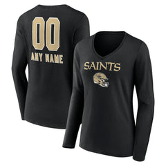 New Orleans Saints Women's Personalized Name & Number Team Wordmark Long Sleeve V-Neck T-Shirt Black | NFL