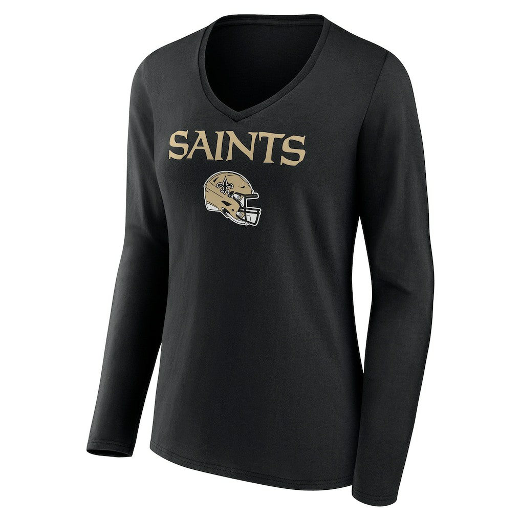 New Orleans Saints Women's Personalized Name & Number Team Wordmark Long Sleeve V-Neck T-Shirt Black | NFL
