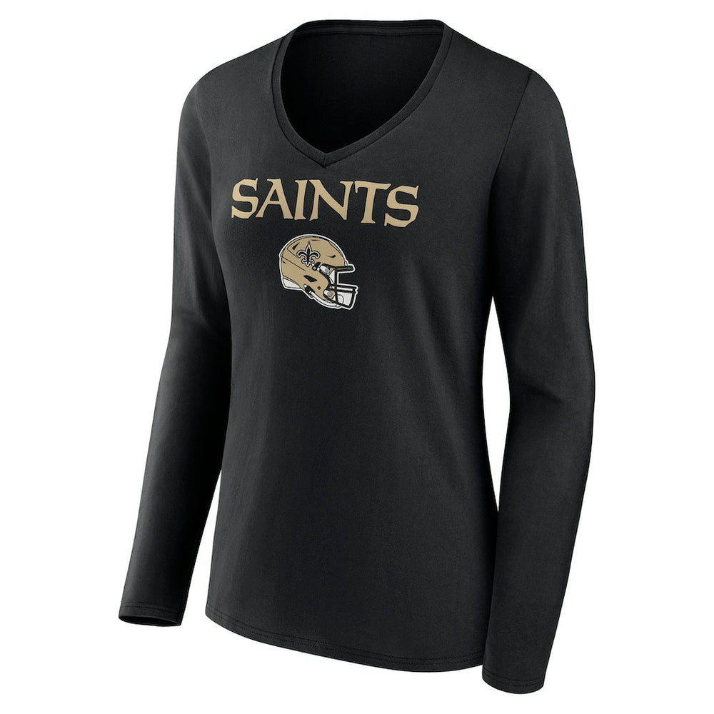 New Orleans Saints Women's Personalized Name & Number Team Wordmark Long Sleeve V-Neck T-Shirt Black | NFL