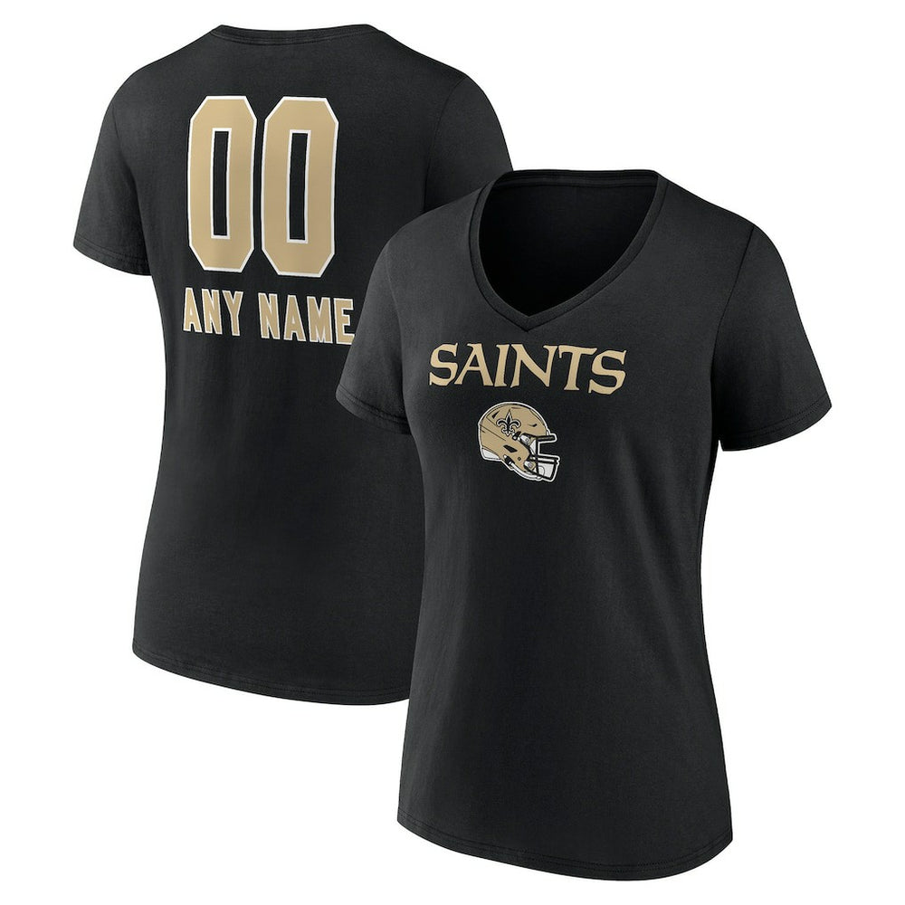New Orleans Saints Women's Personalized Name & Number Team Wordmark V-Neck T-Shirt Black | NFL